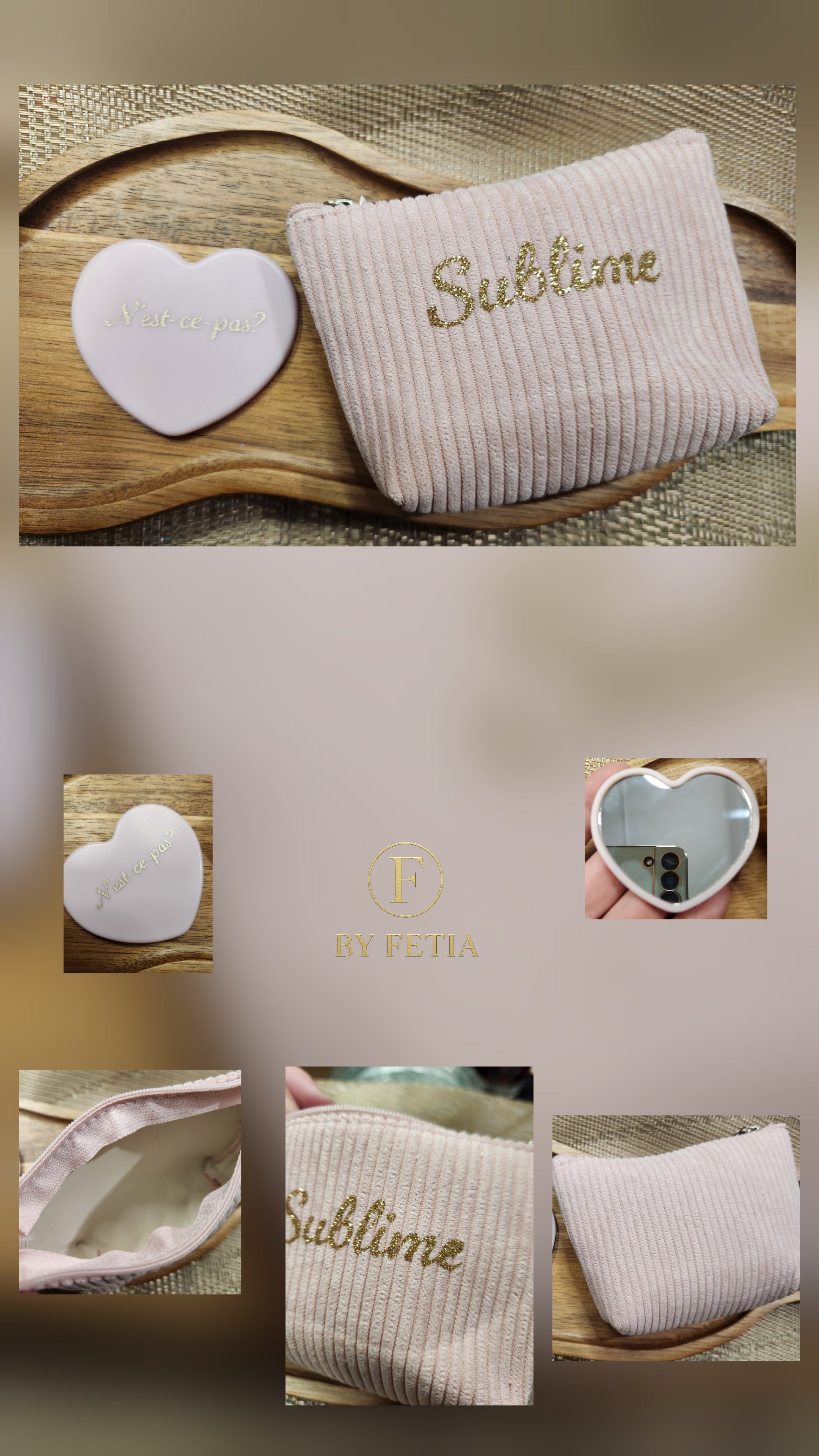 Pochette rose clair en velours côtelé "Sublime" et son petit miroir rose "N'est ce pas?"